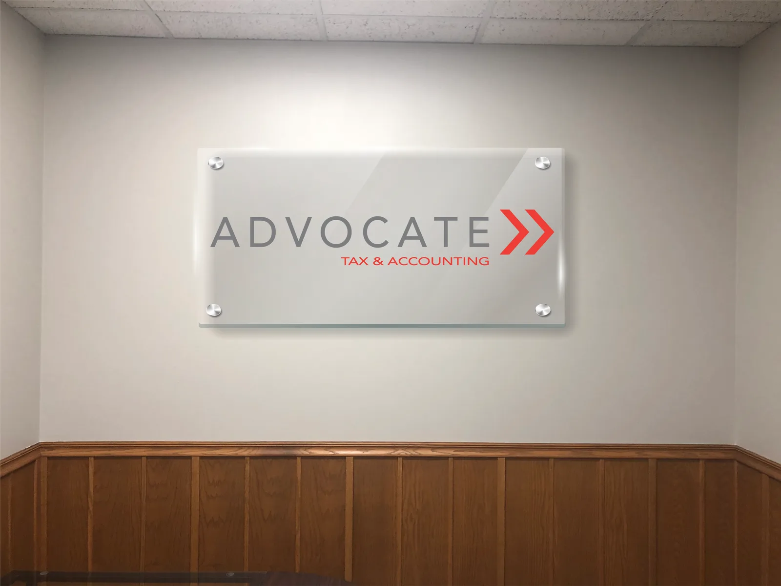 Advocate Tax & Accounting — Lobby Sign — Frosted Acrylic Panel on Brushed Standoffs