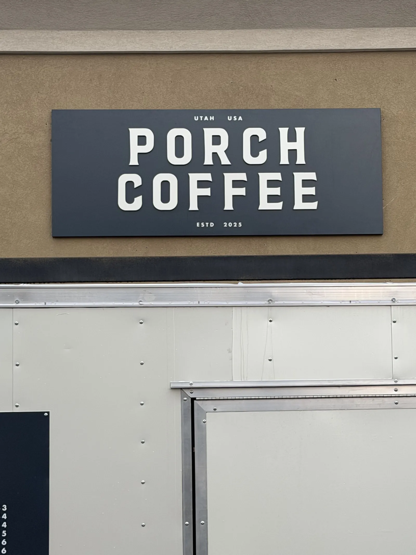 Porch Coffee — Storefront Panel Sign — Dimensional Letters on Painted Panel