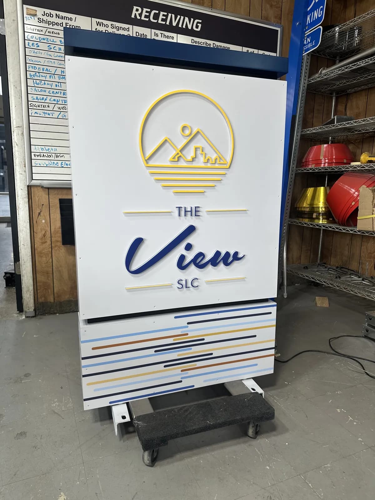 The View SLC — Freestanding Lobby Sign — Fabricated Freestanding Panel, Dimensional Logo